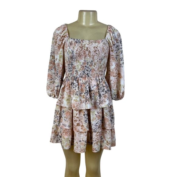Entro Womens Pink Floral Smocked Tiered Mini Dress Size S - Picture 1 of 6